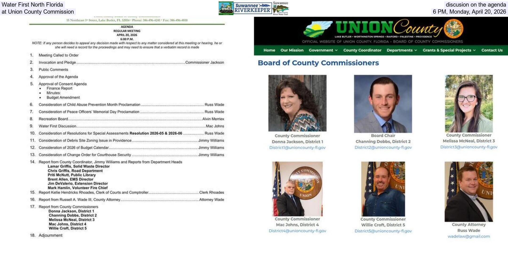 Water First North Florida discusion on the agenda at Union County Commission, 6 PM, Monday, April 20, 2026