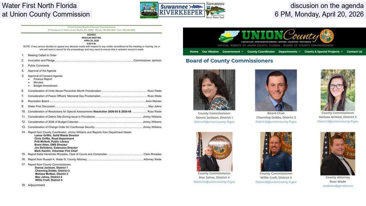 Water First North Florida discusion on the agenda at Union County Commission, 6 PM, Monday, April 20, 2026