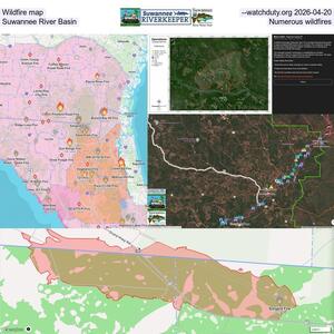 [Wildfire map, --watchduty.org 2026-04-20, Suwannee River Basin, Numerous wildfires]