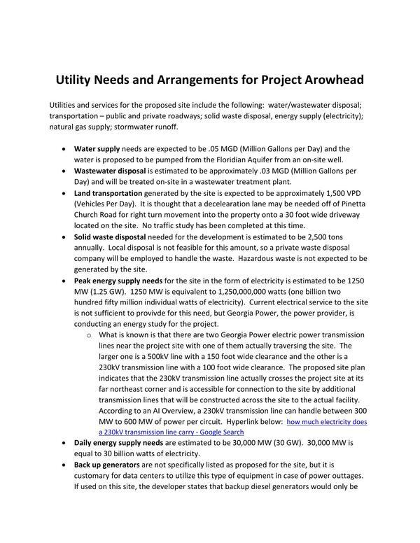 Utility Needs and Arrangements for Project Arowhead