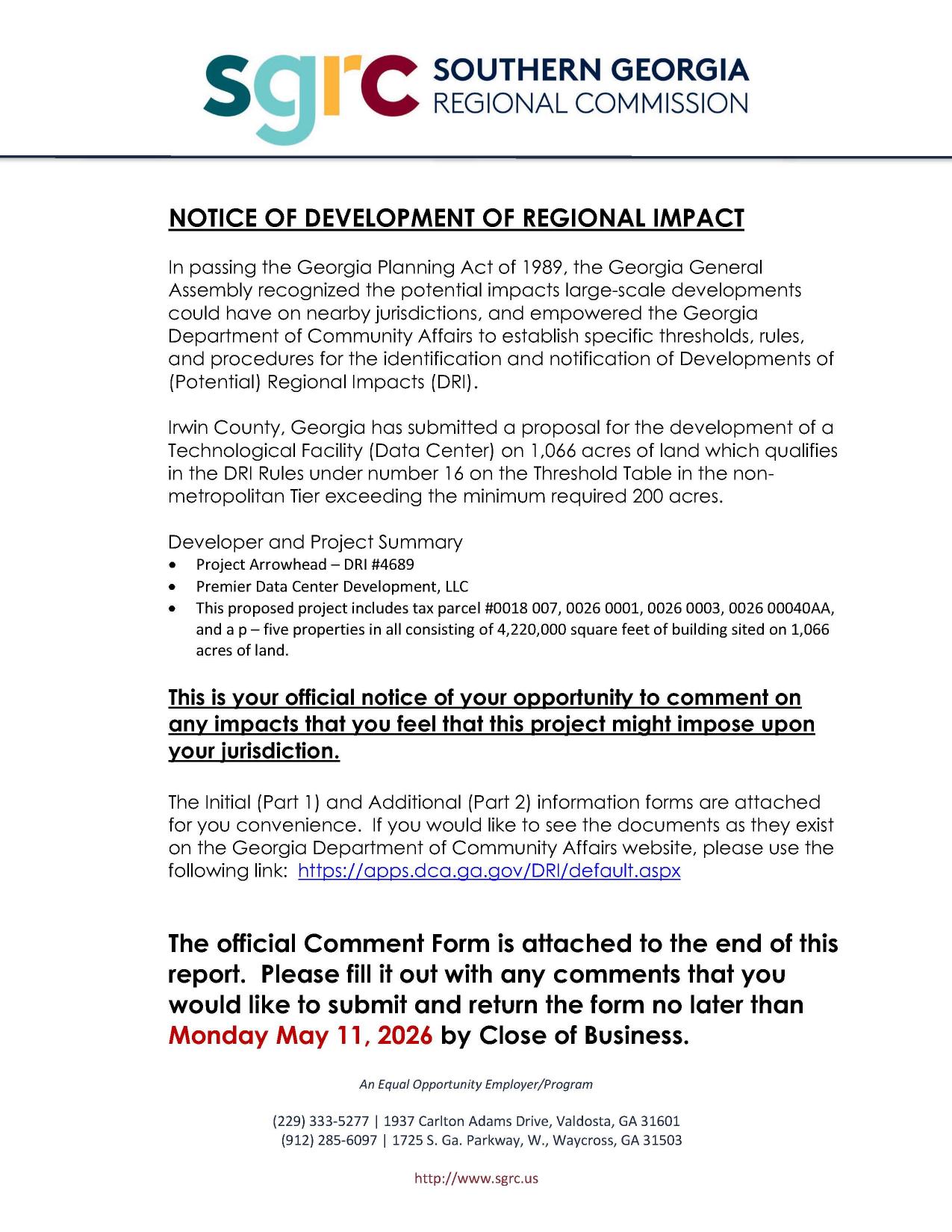 NOTICE OF DEVELOPMENT OF REGIONAL IMPACT, Project Arrowhead Data Center Irwin Co. DRI 2026-04-24 --SGRC