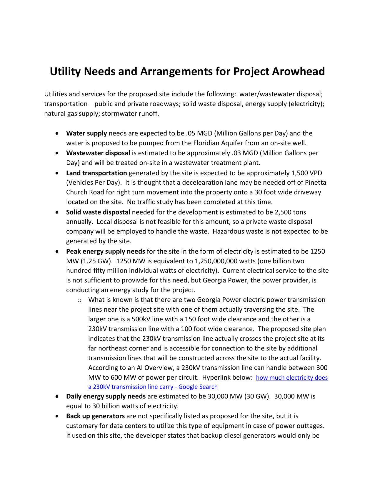 Utility Needs and Arrangements for Project Arowhead
