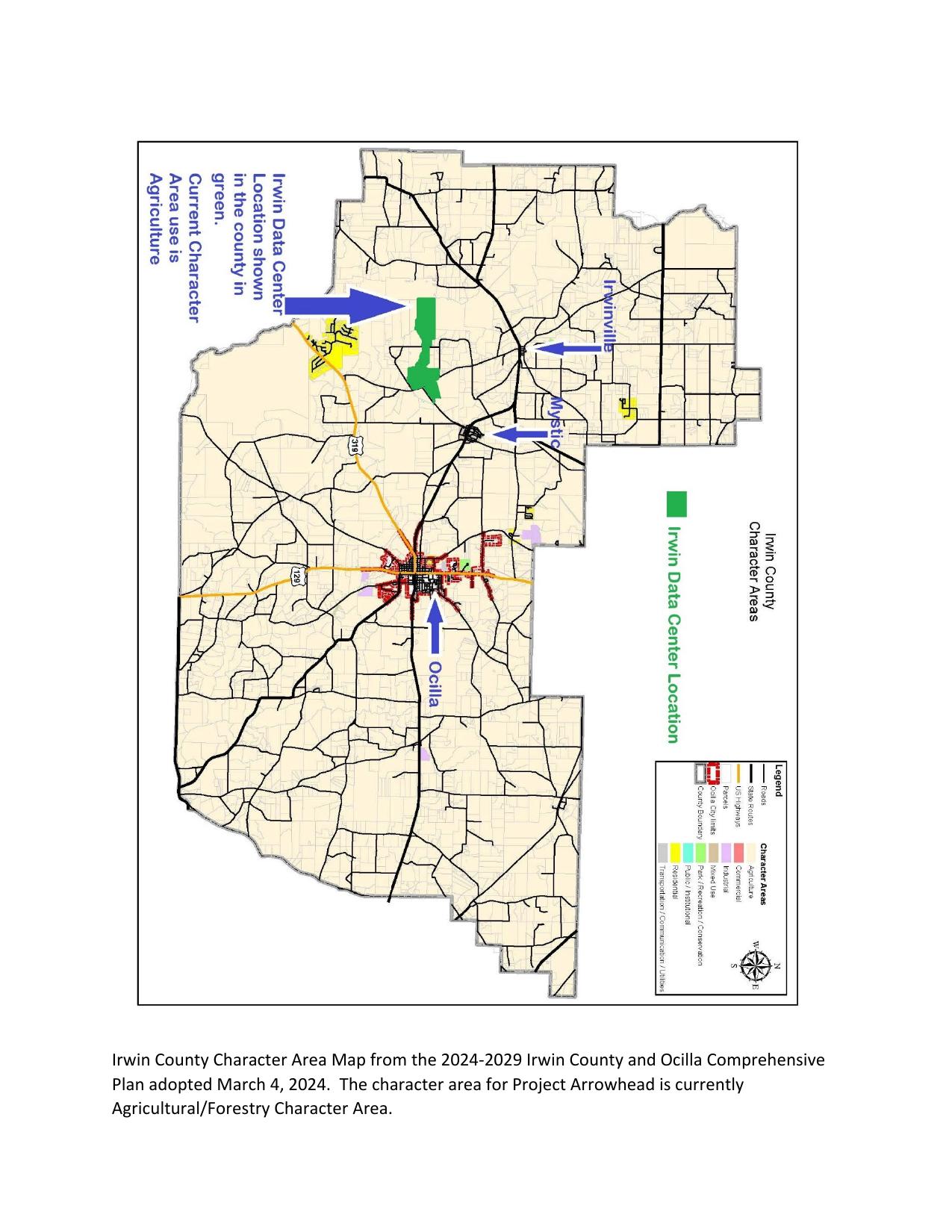 Irwin County Character Area Map from the 2024-2029 Irwin County and Ocilla Comprehensive Plan adopted 2024-03-04. The character area for Project Arrowhead is currently Agricultural/Forestry Character Area. --SGRC
