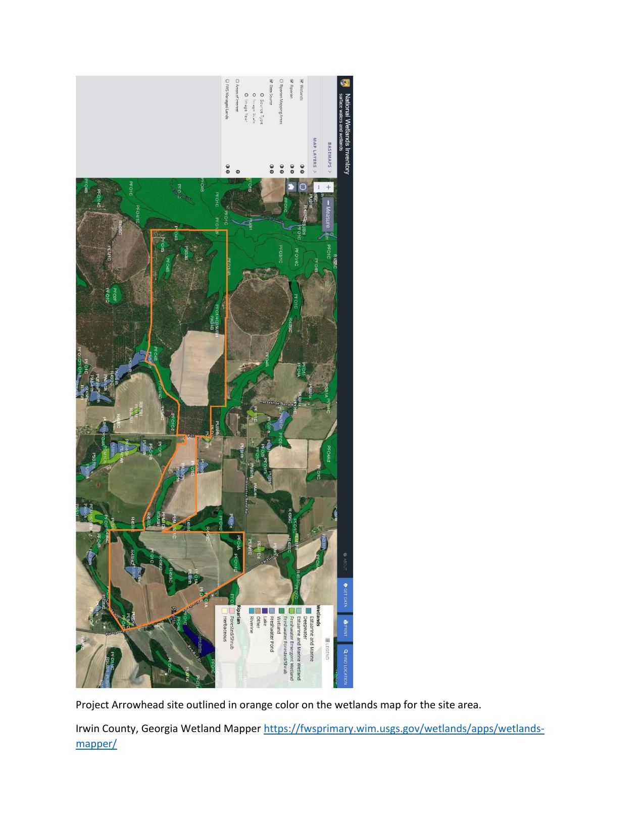 Project Arrowhead site outlined in orange color on the wetlands map for the site area. 2026-04-24 https://fwsprimary.wim.usgs.gov/wetlands/apps/wetlands-mapper/