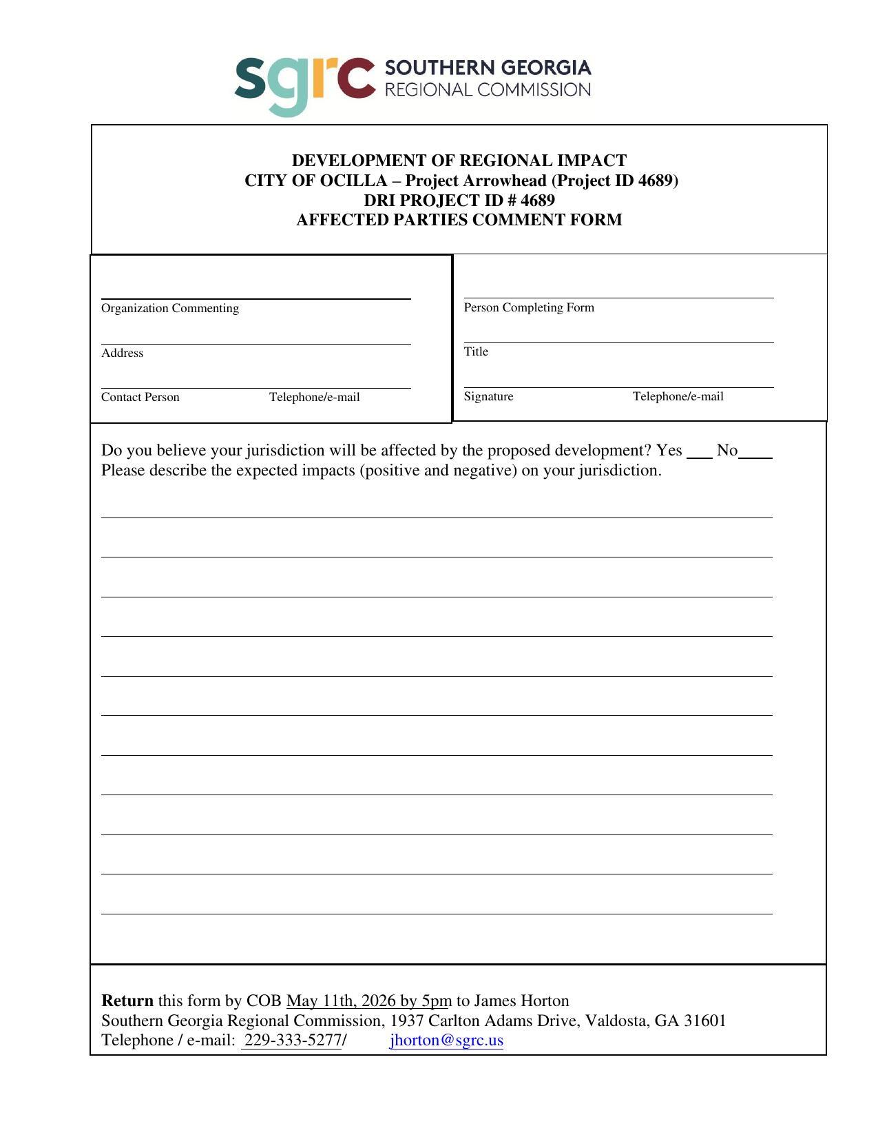 DRI Comment Form, Blank, Fillable, 2026-04-24 --SGRC