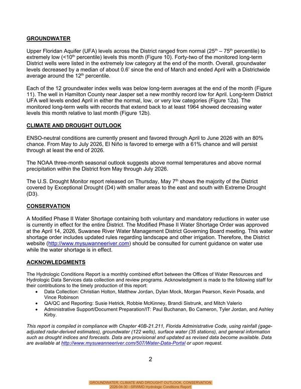 GROUNDWATER, CLIMATE AND DROUGHT OUTLOOK, CONSERVATION, 2026-04-30 --SRWMD Hydrologic Conditions Report