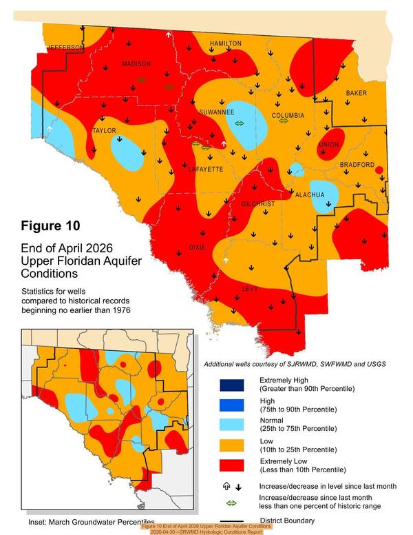 Figure 10 End of April 2026 Upper Floridan Aquifer Conditions, 2026-04-30 --SRWMD Hydrologic Conditions Report