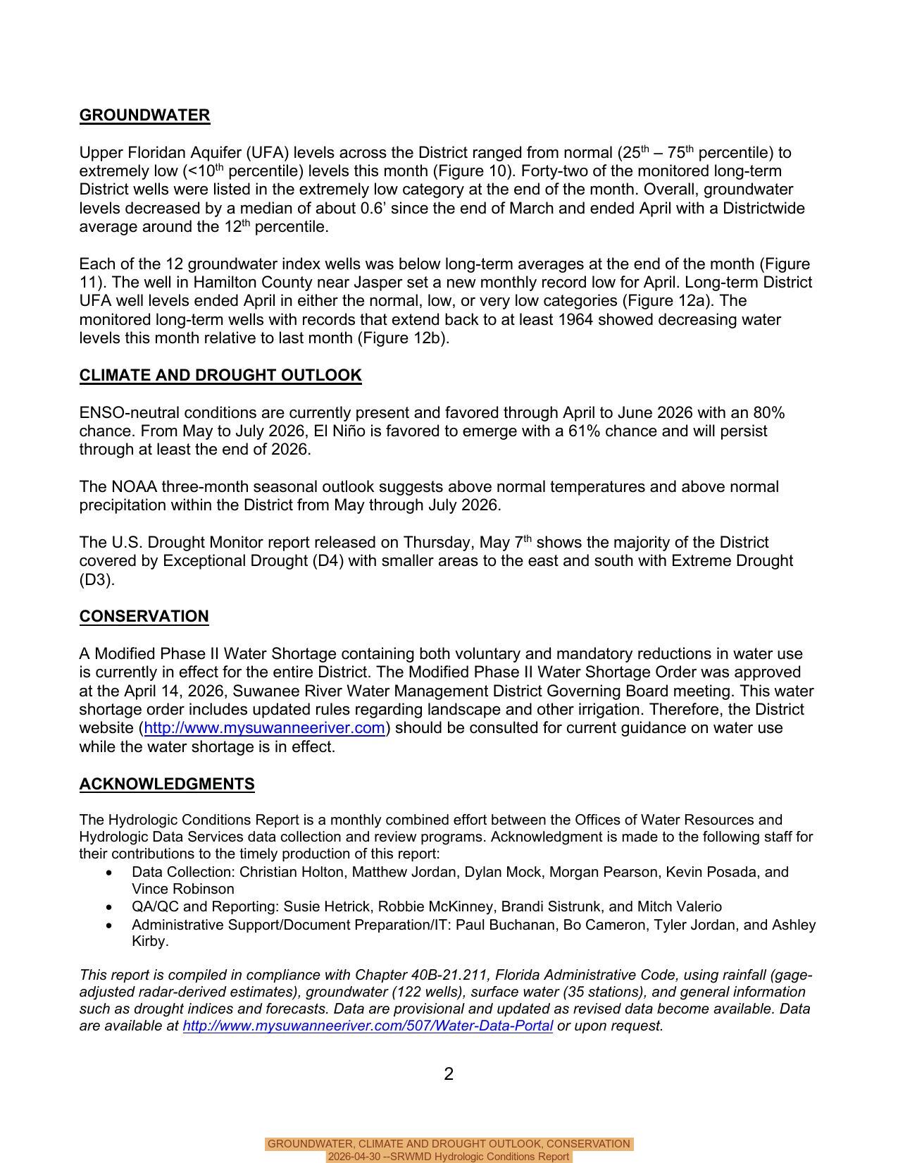 GROUNDWATER, CLIMATE AND DROUGHT OUTLOOK, CONSERVATION, 2026-04-30 --SRWMD Hydrologic Conditions Report