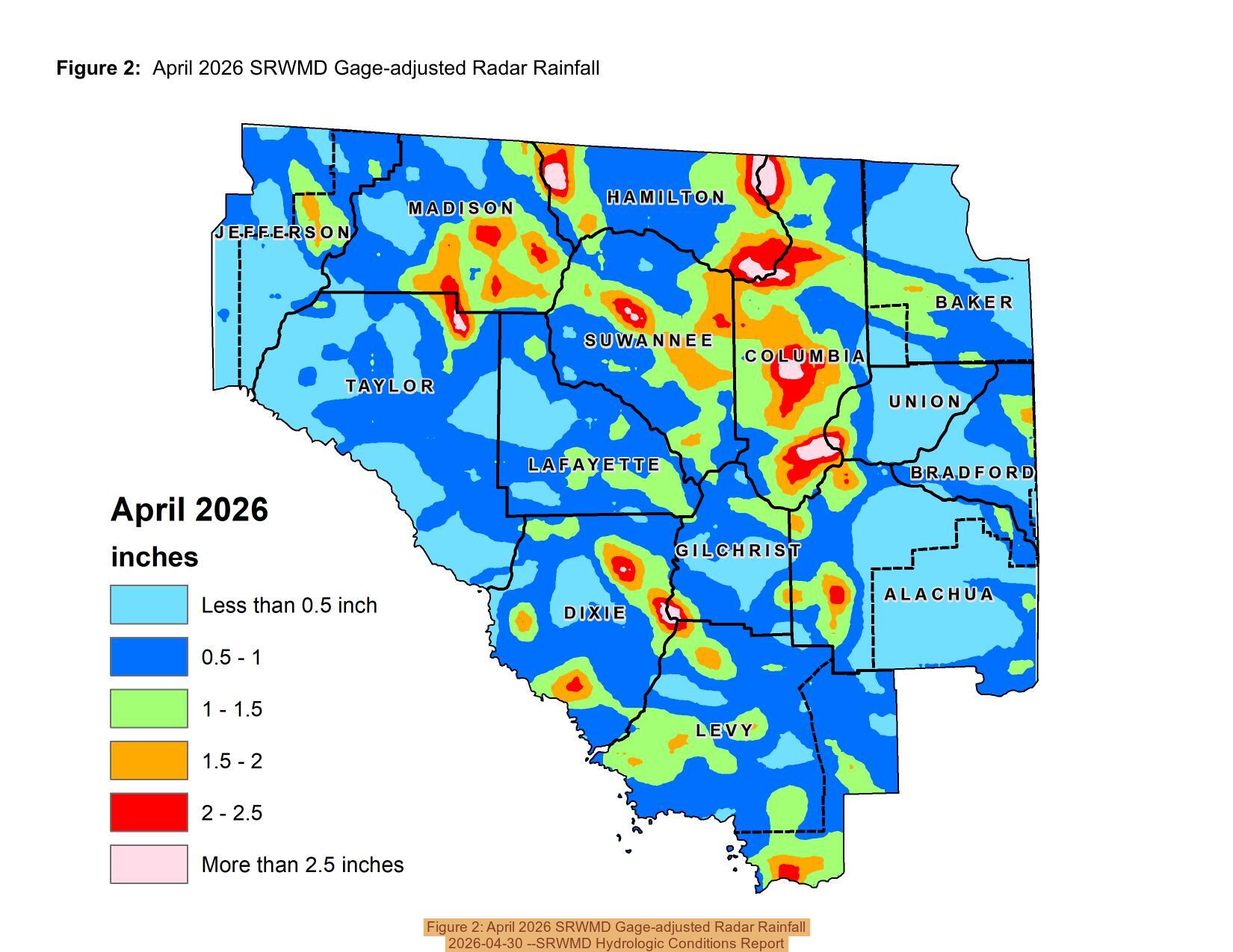 Figure 2: April 2026 SRWMD Gage-adjusted Radar Rainfall, 2026-04-30 --SRWMD Hydrologic Conditions Report