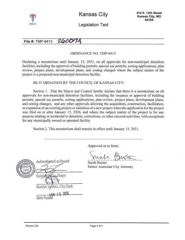 [Detention facility moratorium ordinance, 2026-01-15 --Kansas City, Missouri]