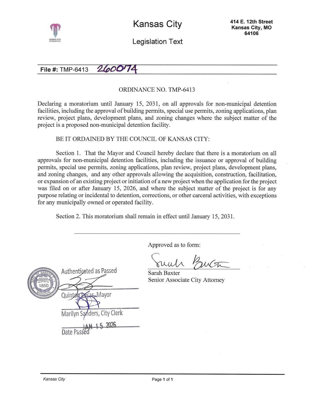 Detention facility moratorium ordinance, 2026-01-15 --Kansas City, Missouri