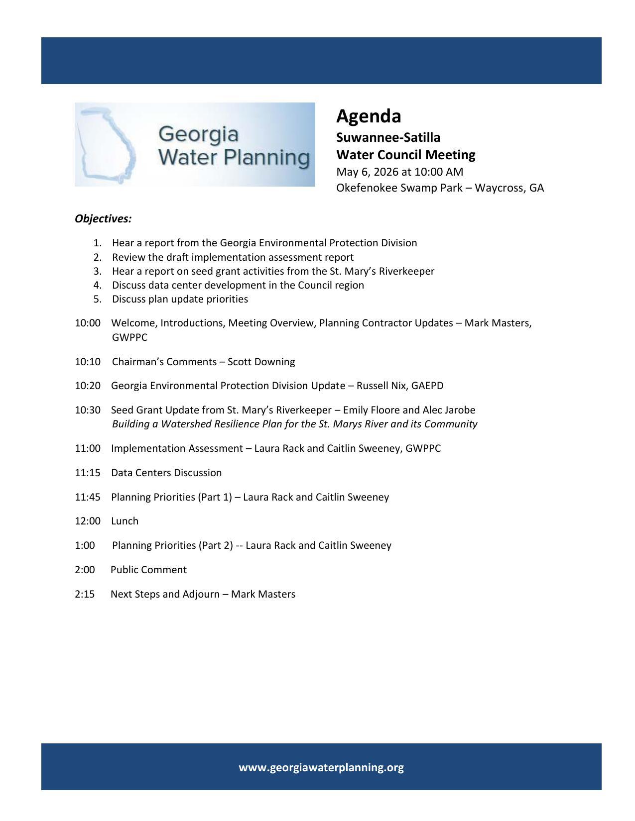 Agenda, 2026-05-06 -Suwannee-Satilla Water Planning Council