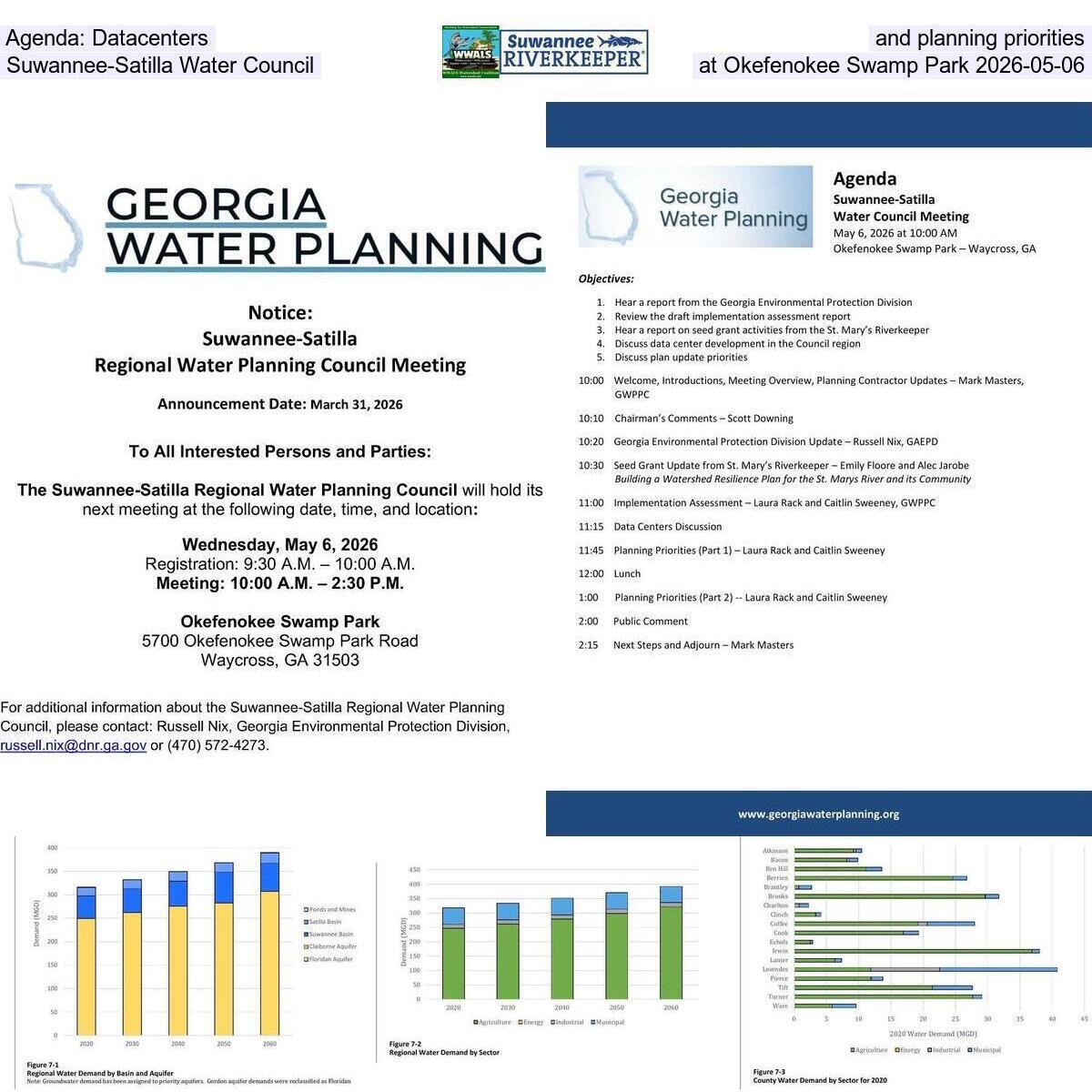 Agenda: Datacenters and planning priorities, Suwannee-Satilla Water Council at Okefenokee Swamp Park 2026-05-06