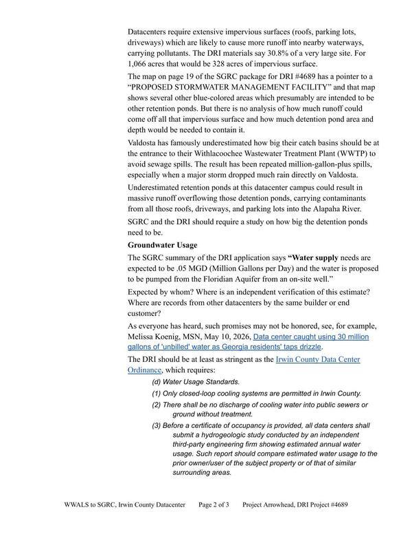 Stormwater Management and Groundwater Usage, 2026-05-11 --WWALS to SGRC Irwin DRI