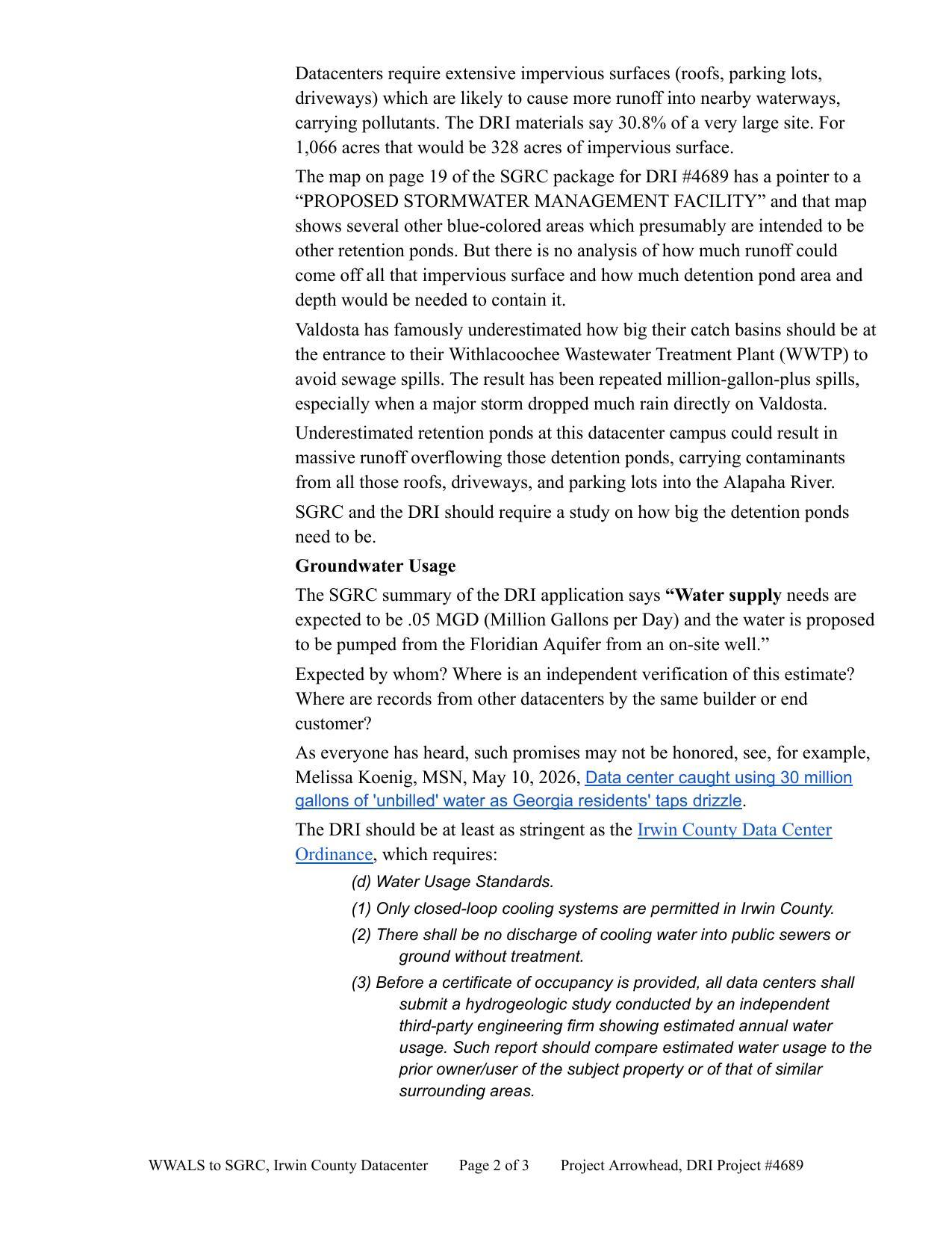 Stormwater Management and Groundwater Usage, 2026-05-11 --WWALS to SGRC Irwin DRI