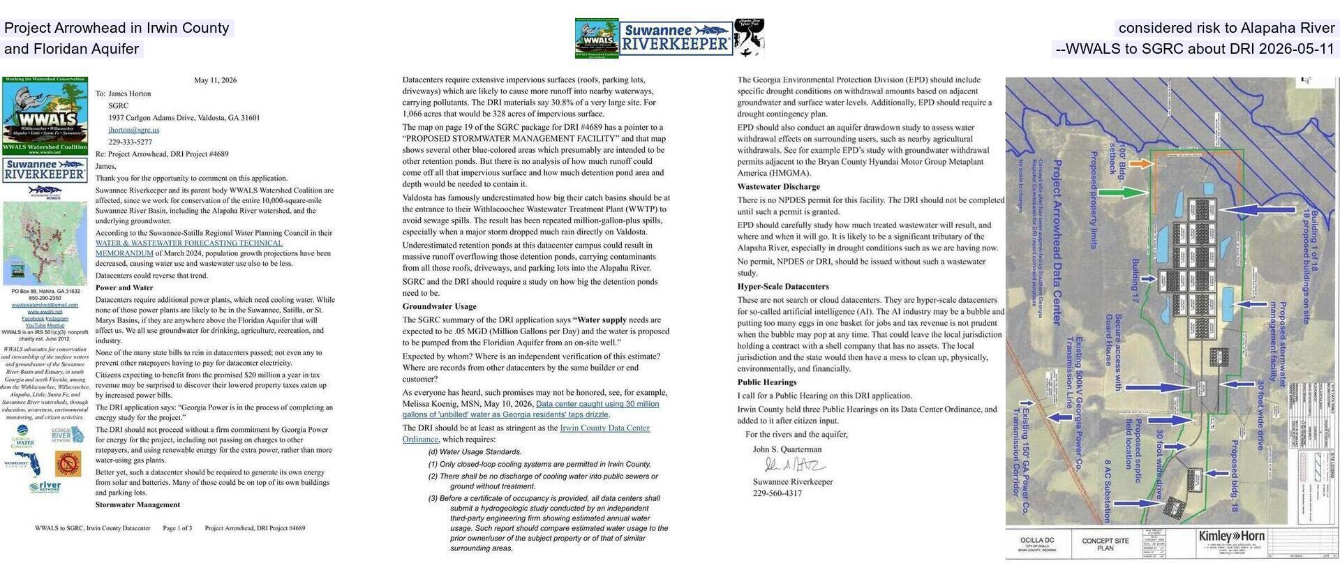 [Project Arrowhead in Irwin County considered risk to Alapaha River and Floridan Aquifer --WWALS to SGRC about DRI 2026-05-11]