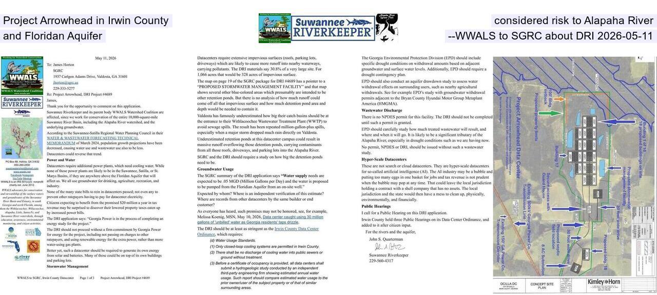 Project Arrowhead in Irwin County considered risk to Alapaha River and Floridan Aquifer --WWALS to SGRC about DRI 2026-05-11