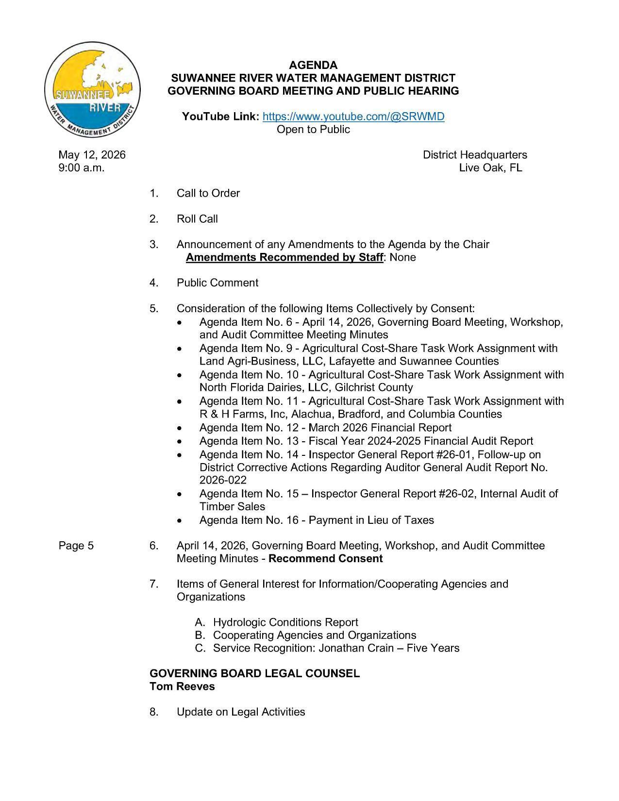 Public Comment, Consent Agenda, Hydrologic Conditions Report, 2026-05-14 --SRWMD Board Agenda