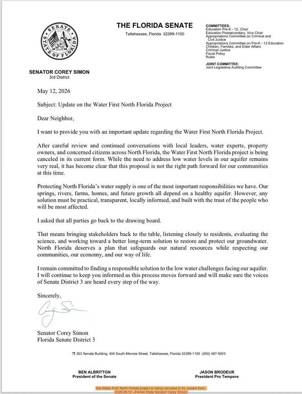 [the Water First North Florida project is being canceled in its current form. 2026-05-12 --Florida State Senator Corey Simon]