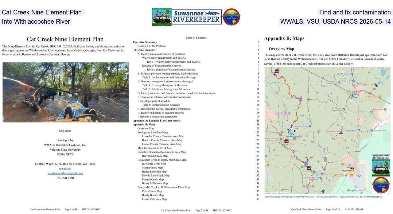 Cat Creek Nine Element Plan, Find and fix contamination into Withlacoochee River, WWALS, VSU, USDA NRCS 2026-05-14