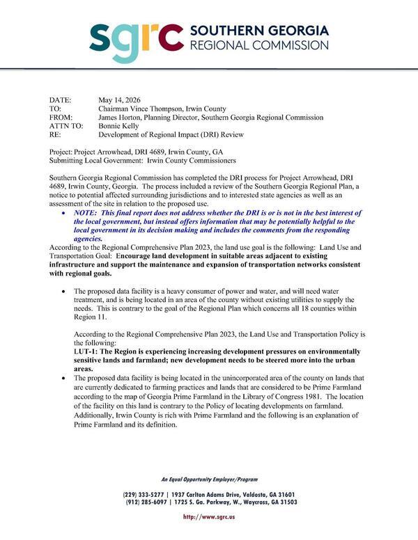 [Southern Georgia Regional Commission has completed the DRI process for Project Arrowhead, DRI 4689, Irwin County, Georgia.]