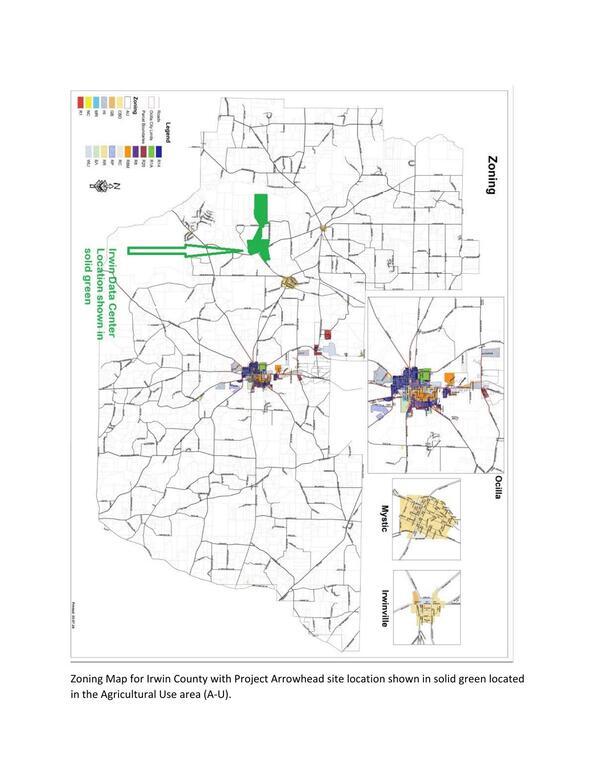 Zoning Map for Irwin County with Project Arrowhead site location shown in solid green located in the Agricultural Use area (A-U). --SGRC