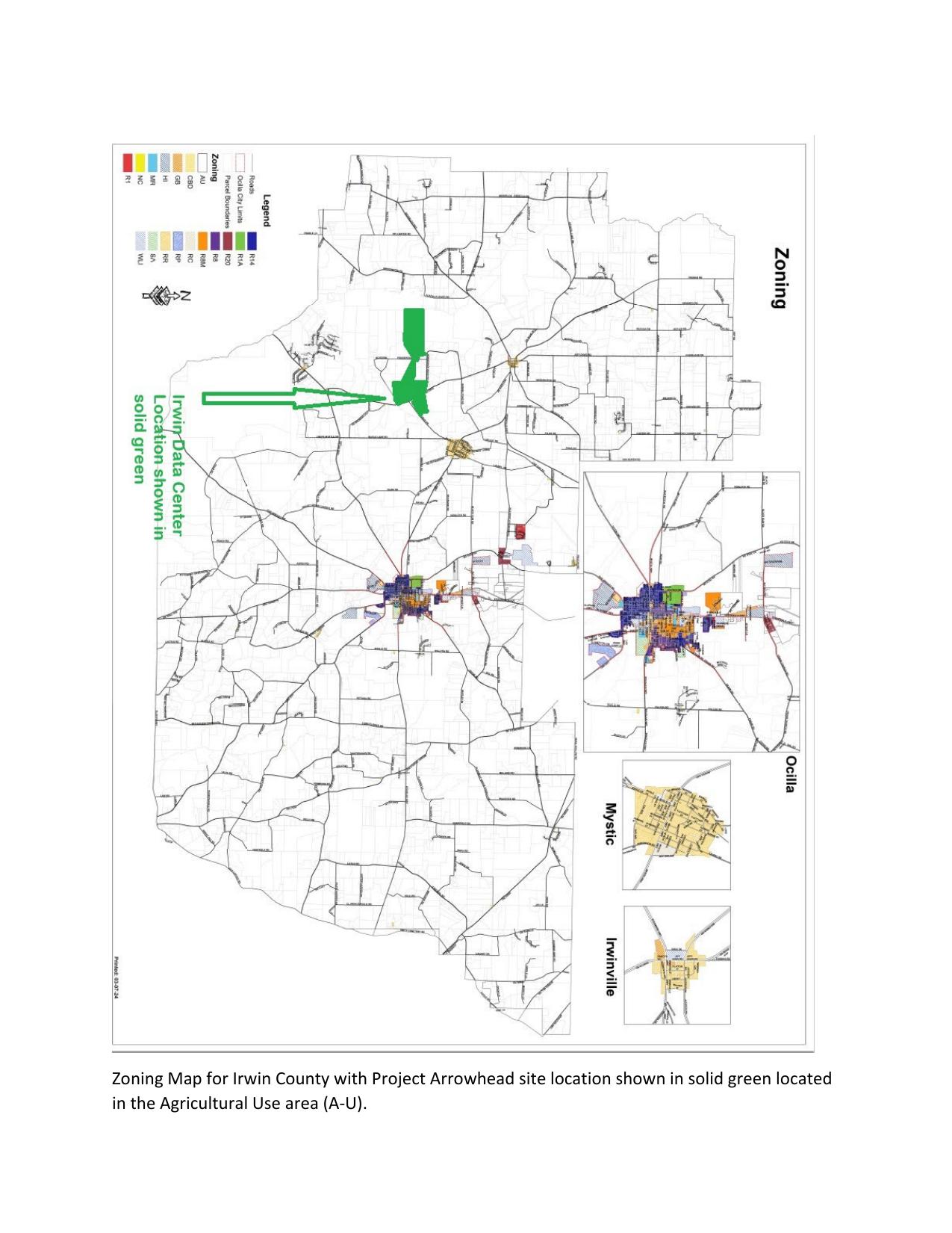 Zoning Map for Irwin County with Project Arrowhead site location shown in solid green located in the Agricultural Use area (A-U). --SGRC