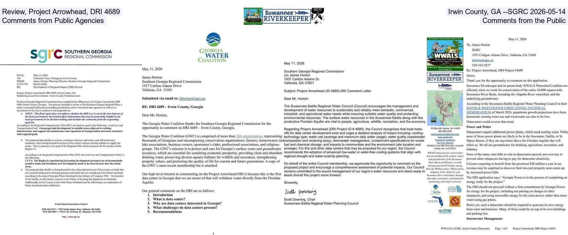 [Review, Project Arrowhead, DRI 4689, Irwin County, GA --SGRC 2026-05-14, Comments from Public Agencies, Comments from the Public]