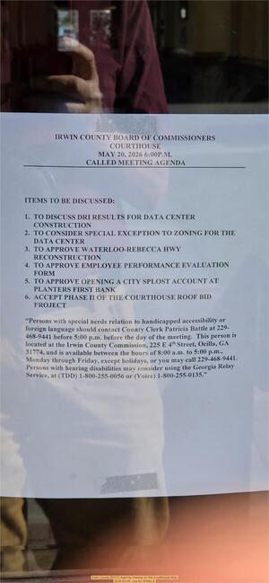 [Irwin County BOCC Agenda closeup on the Courthouse door, 2026-05-20 --jsq for WWALS]