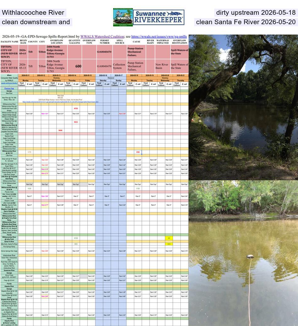 Withlacoochee River dirty upstream 2026-05-18, clean downstream and clean Santa Fe River 2026-05-20