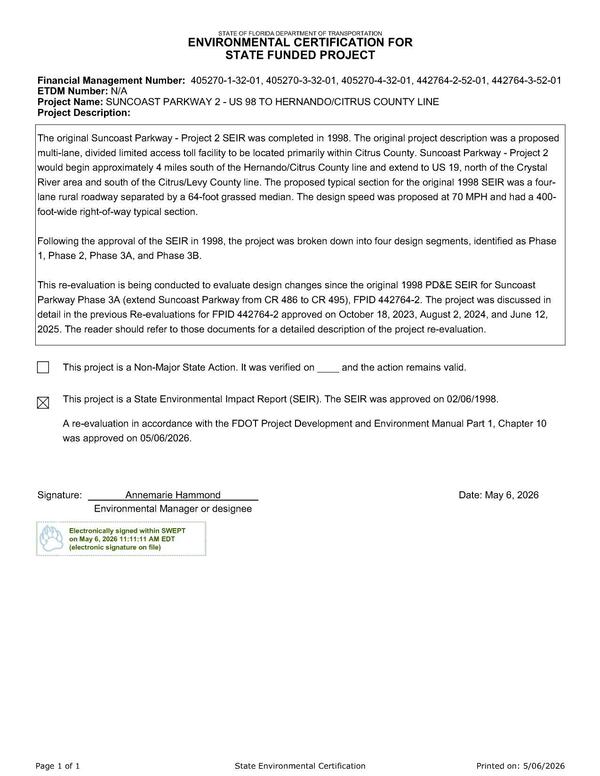 [ENVIRONMENTAL CERTIFICATION FOR STATE FUNDED PROJECT, 2026-05-06 --FDOT]