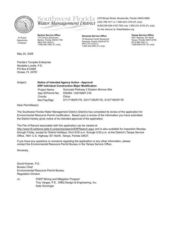 [Approval ERP Individual Construction Major Modification Project, 2026-05-22, Name Suncoast Parkway 2 Eastern Borrow Site App ID_Permit No 935264/43016897.016, Citrus County]