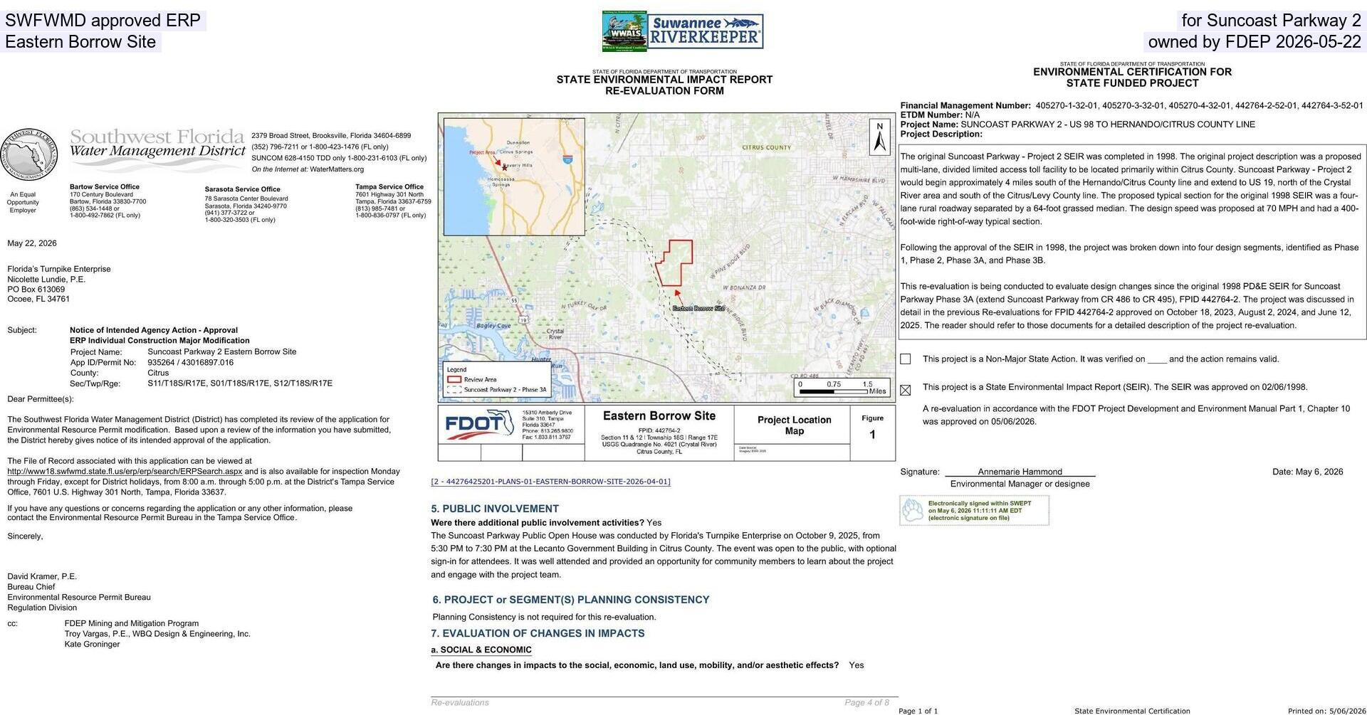 [SWFWMD approved ERP, for Suncoast Parkway 2, Eastern Borrow Site, owned by FDEP 2026-05-22]