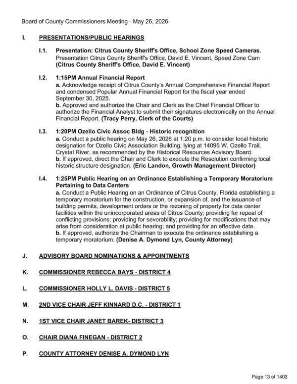 1.4. 1:25PM Public Hearing on an Ordinance Establishing a Temporary Moratorium Pertaining to Data Centers, 2026-05-26 --Citrus County BOCC