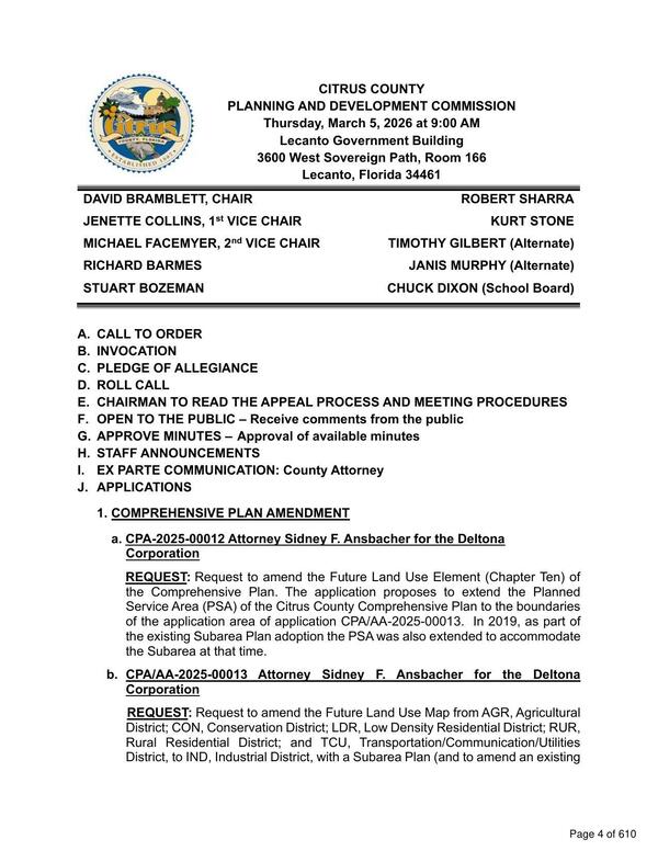 a. CPA-2025-00012 and b. CPA/AA-2025-00013 Attorney Sidney F. Ansbacher for the Deltona Corporation, 2026-03-05 --Citrus County PDC