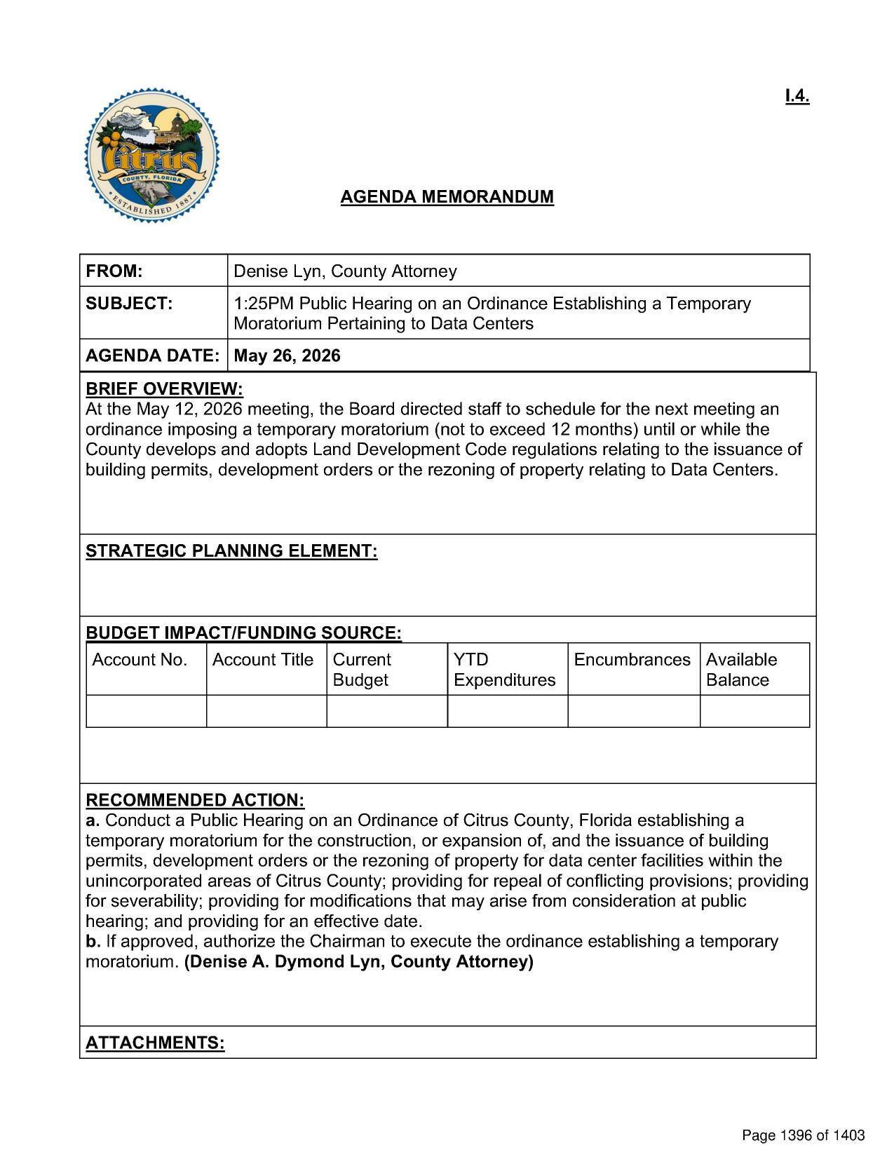 Agenda Memorandum, 2026-05-26 --Citrus County BOCC