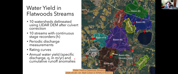 Water Yield in Flatwoods Streams, 2026-05-28 --Dr. Matt Cohen in WWALS Webinar