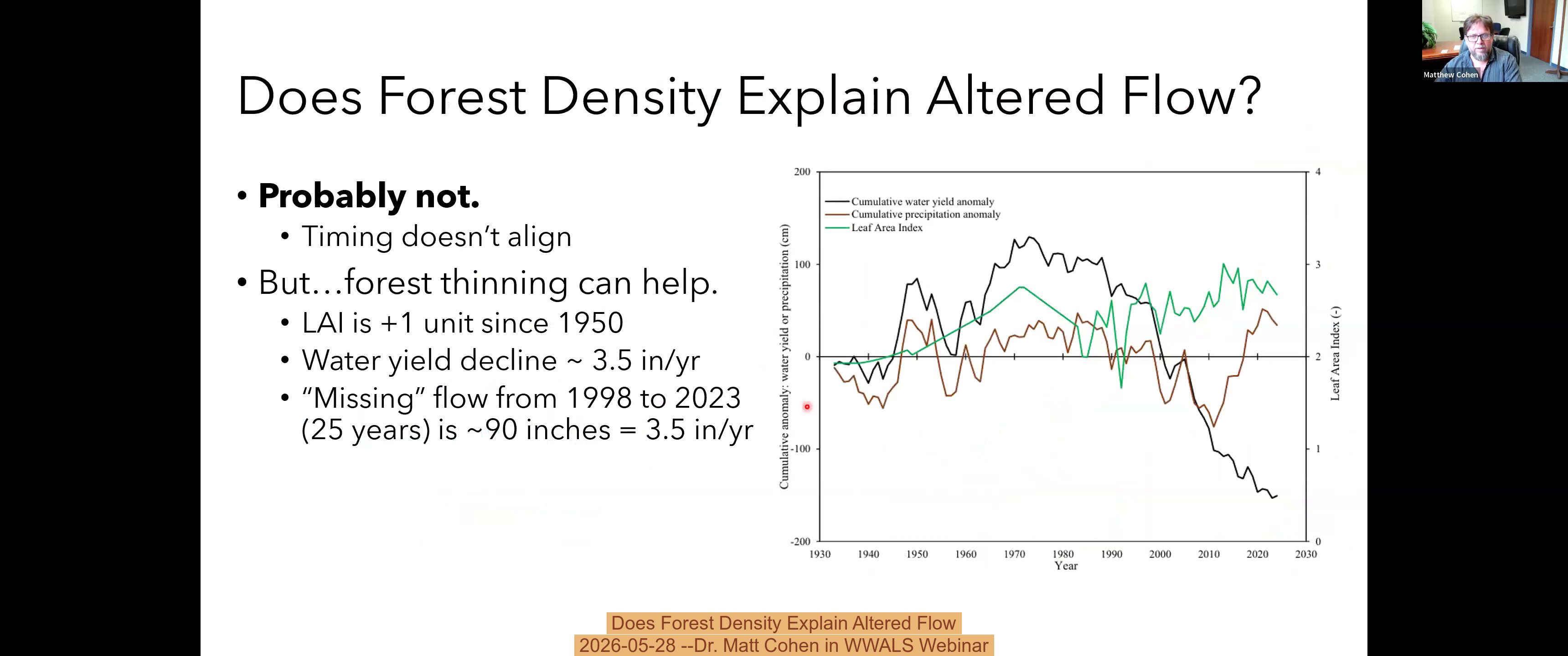 Does Forest Density Explain Altered Flow, 2026-05-28 --Dr. Matt Cohen in WWALS Webinar