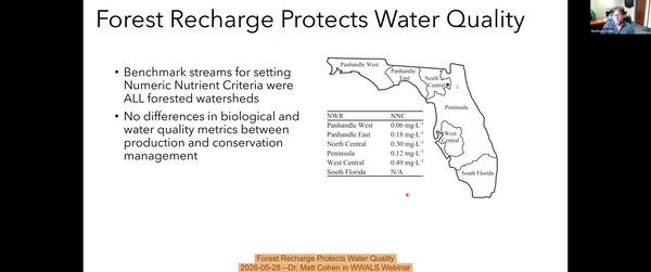 Forest Recharge Protects Water Quality, 2026-05-28 --Dr. Matt Cohen in WWALS Webinar