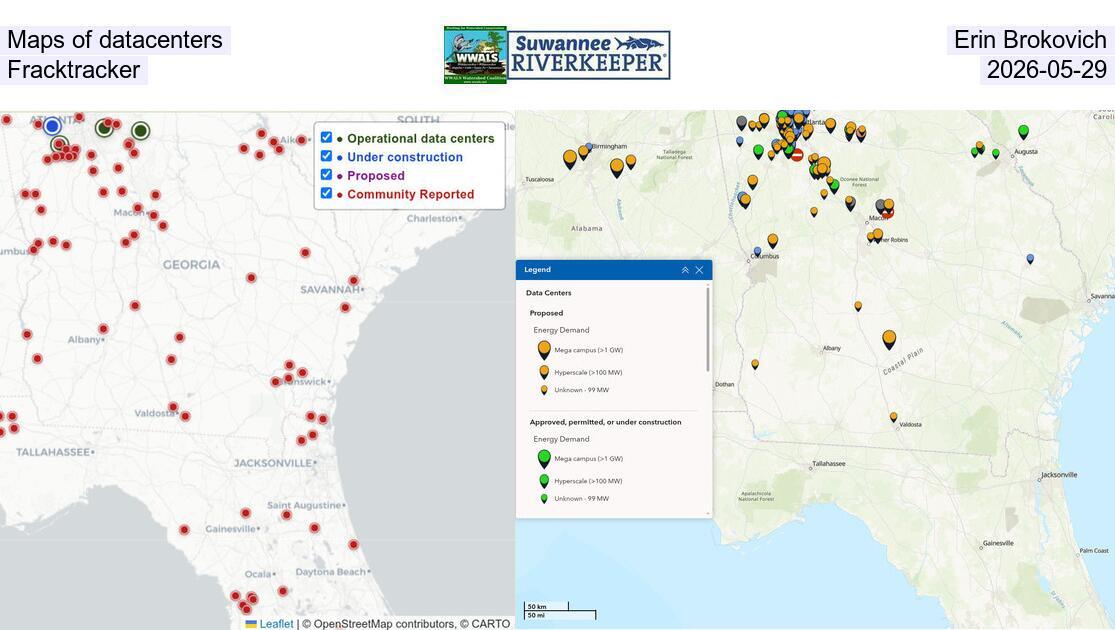 [Maps of datacenters by Erin Brokovich and Fracktracker, 2026-05-29]