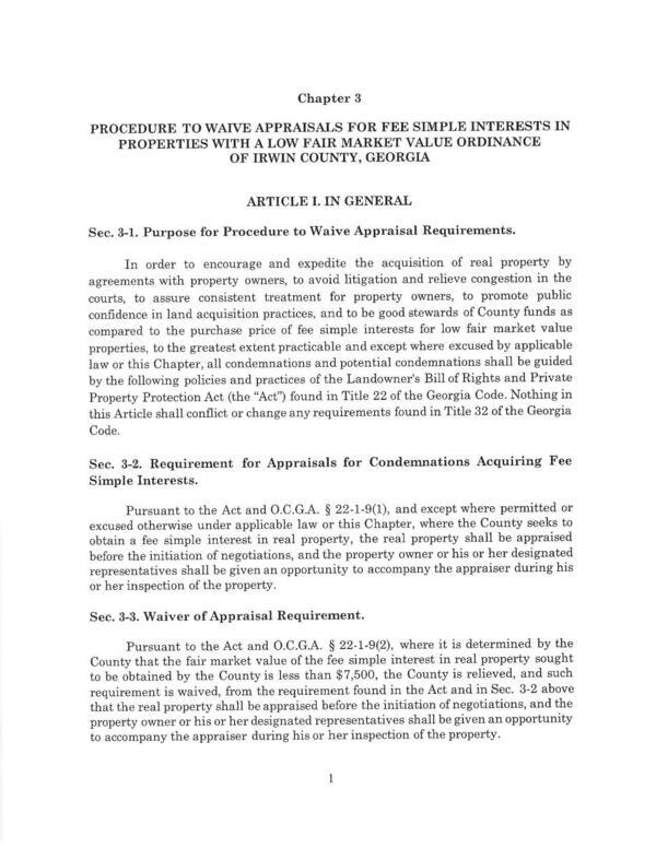 [PROCEDURE TO WAIVE APPRAISALS FOR FEE SIMPLE INTERESTS IN PROPERTIES, 2026-06-01, WITH A LOW FAIR MARKET VALUE ORDINANCE OF IRWIN COUNTY, GEORGIA]