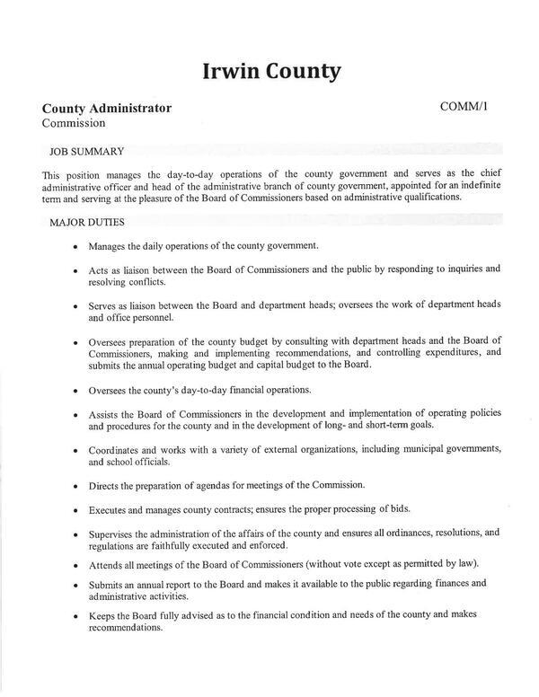 [County Administrator job posting, 2026-06-01 --Irwin County BOCC]