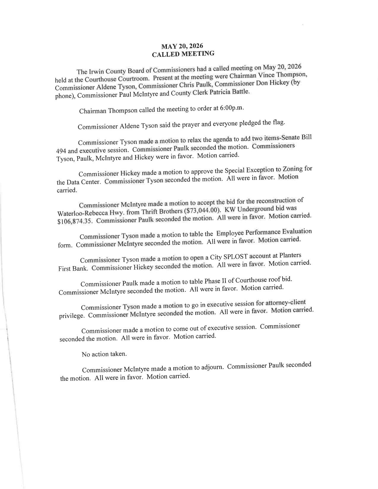 Notes, 2026-05-20 --Irwin County BOCC