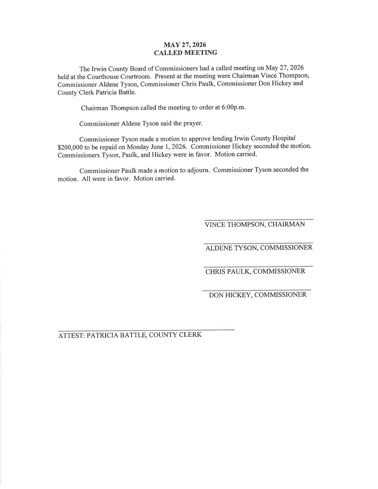 Notes, 2026-05-27 --Irwin County BOCC
