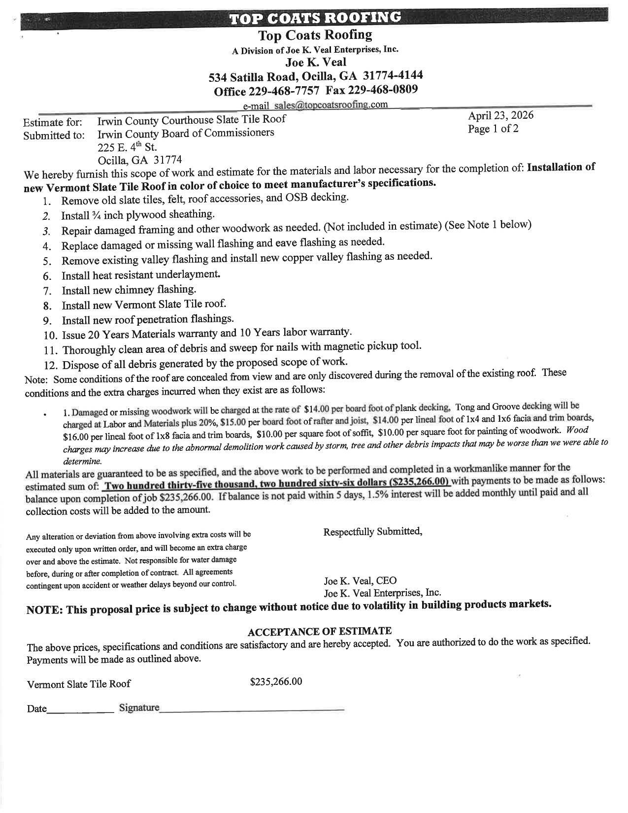 Scope of work and estimate, 2026-04-23, Vermont Slate Tile Roof