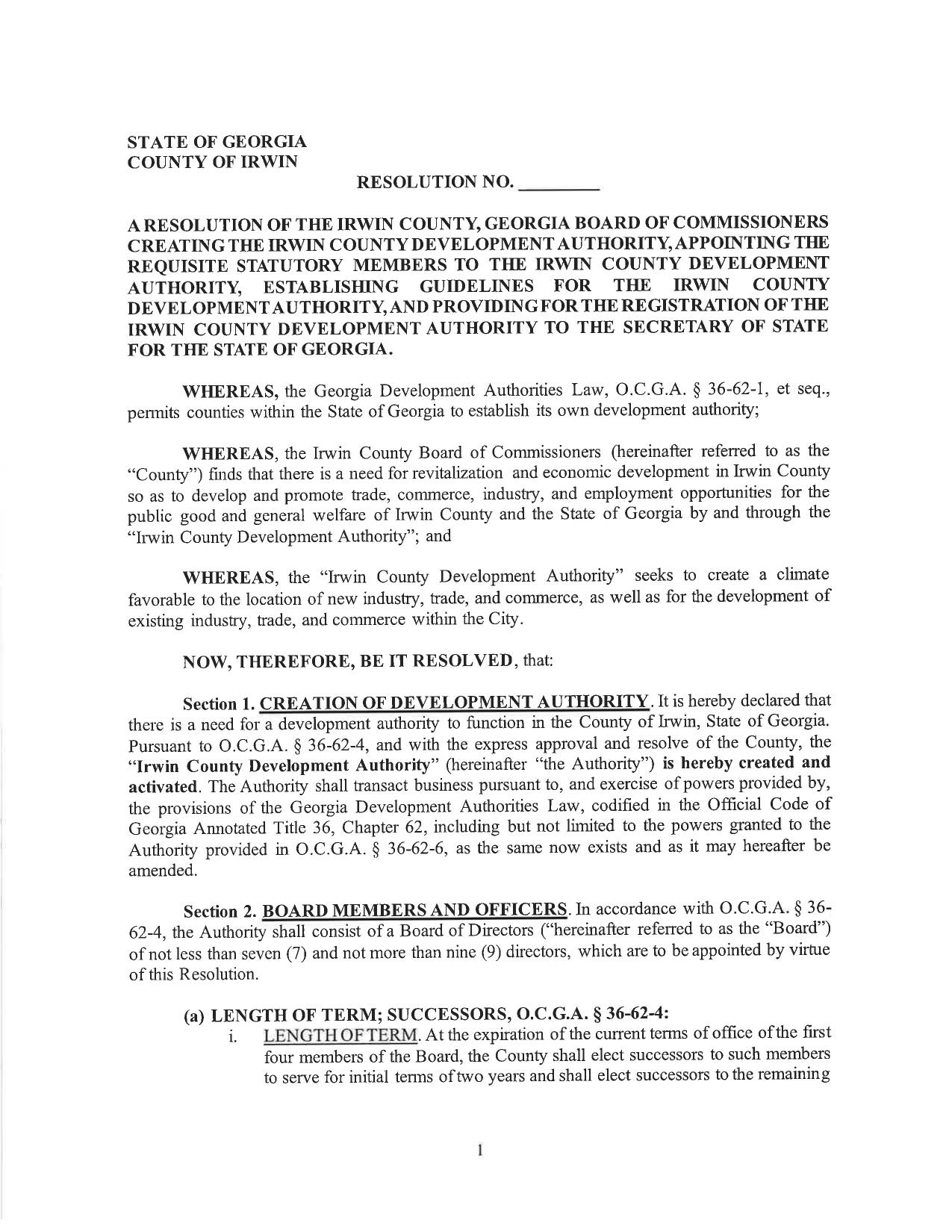 A RESOLUTION OF THE IRWIN COUNTY, GEORGIA BOARD OF COMMISSIONERS CREATING THE IRWIN COUNTY DEVELOPMENT AUTHORITY... 2026-06-01 --Irwin County BOCC