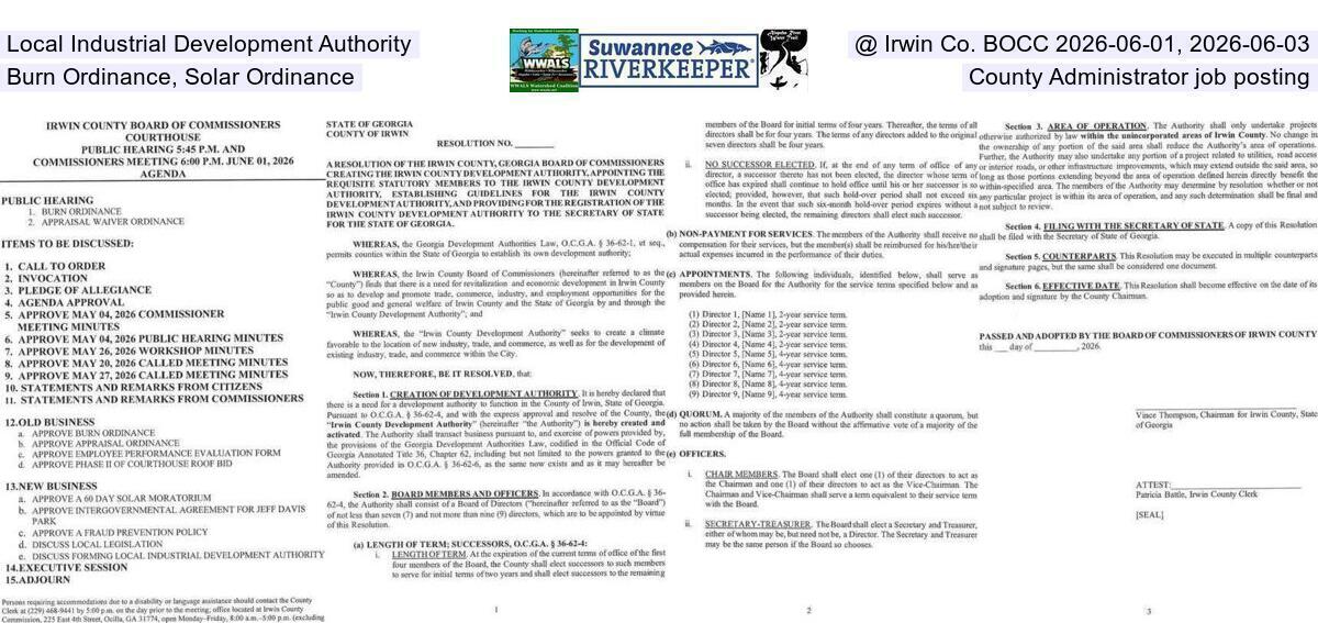Local Industrial Development Authority @ Irwin Co. BOCC 2026-06-01, 2026-06-03, Burn Ordinance, Solar Ordinance, County Administrator job posting