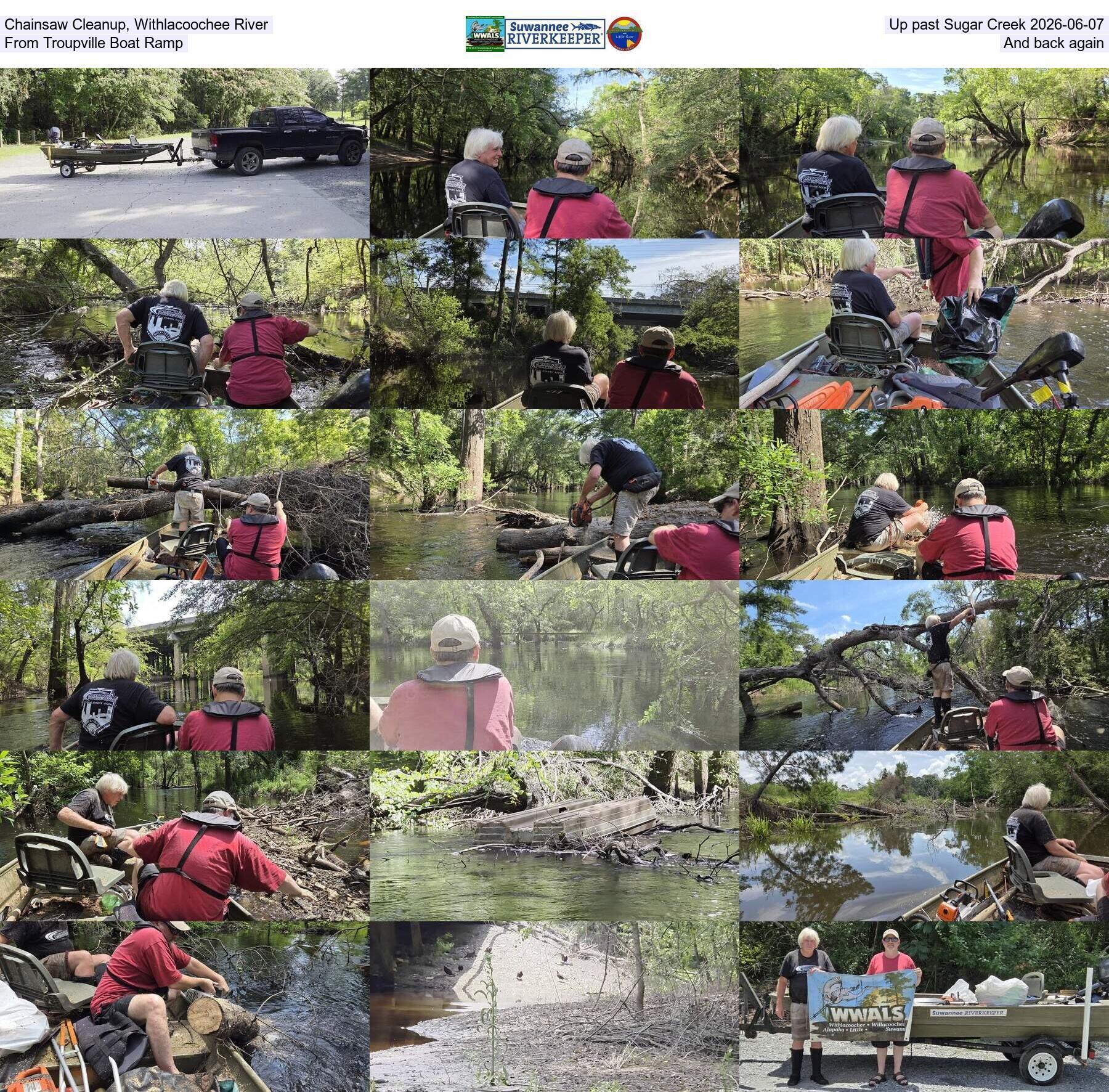 Chainsaw Cleanup, Withlacoochee River, Up past Sugar Creek 2026-06-07, From Troupville Boat Ramp, And back again