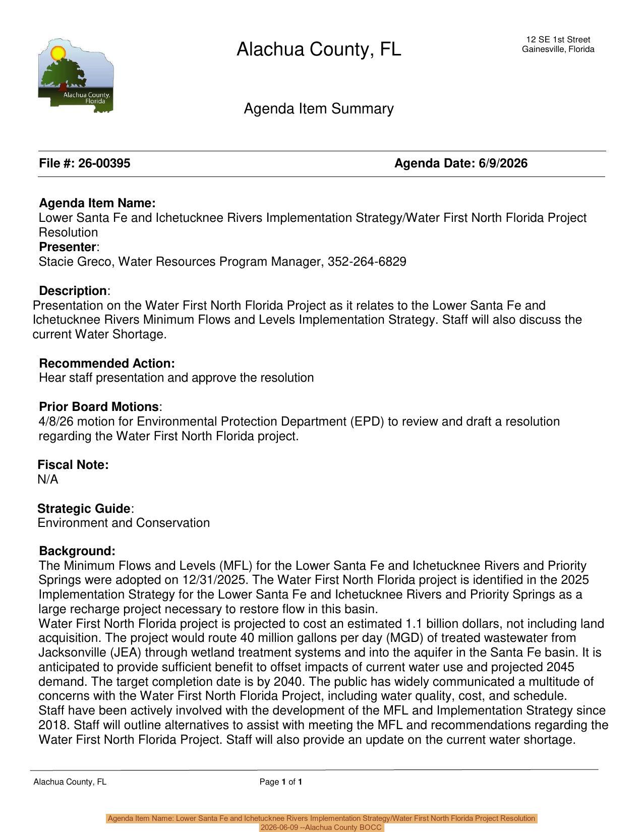 Agenda Item Name: Lower Santa Fe and Ichetucknee Rivers Implementation Strategy/Water First North Florida Project Resolution, 2026-06-09 --Alachua County BOCC