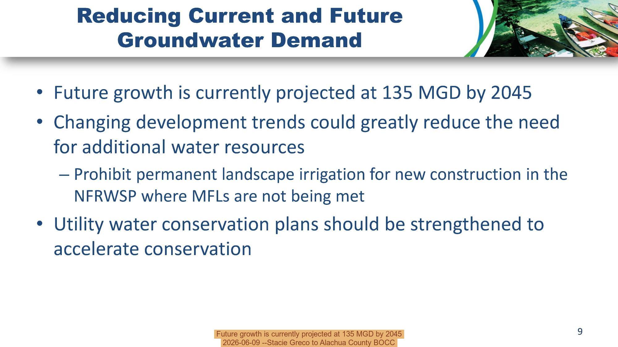 Future growth is currently projected at 135 MGD by 2045, 2026-06-09 --Stacie Greco to Alachua County BOCC